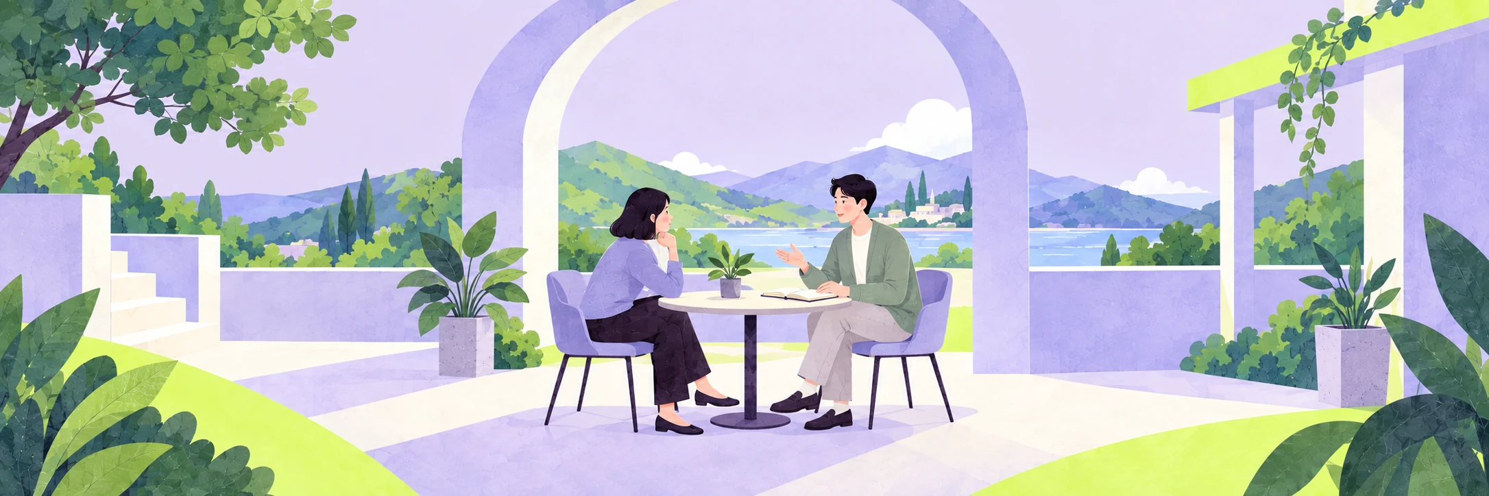 湖を望むテラスで、ノートを囲んで静かに対話する二人のイラスト