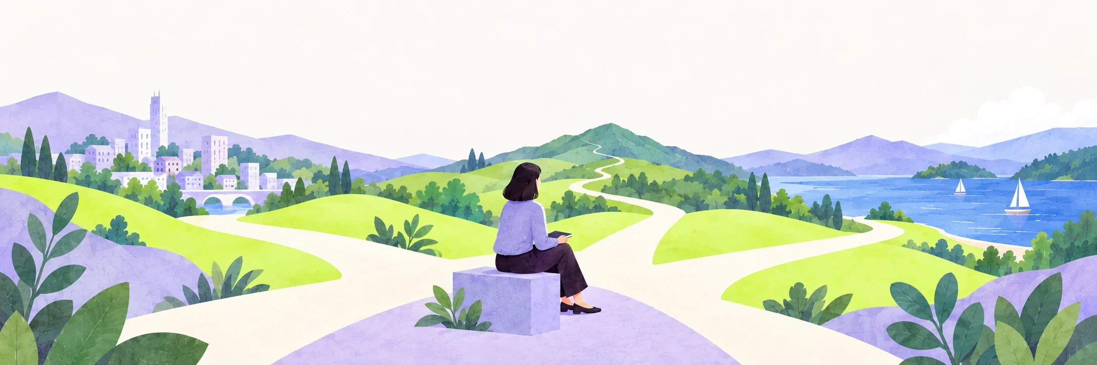 ノートを手に、街や丘、湖へ続くいくつもの道を眺める人のイラスト