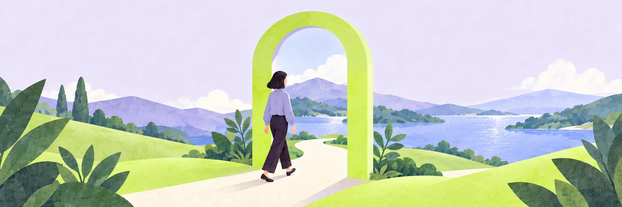 ライム色の扉をくぐり、湖へ続く道に一歩を踏み出す人のイラスト