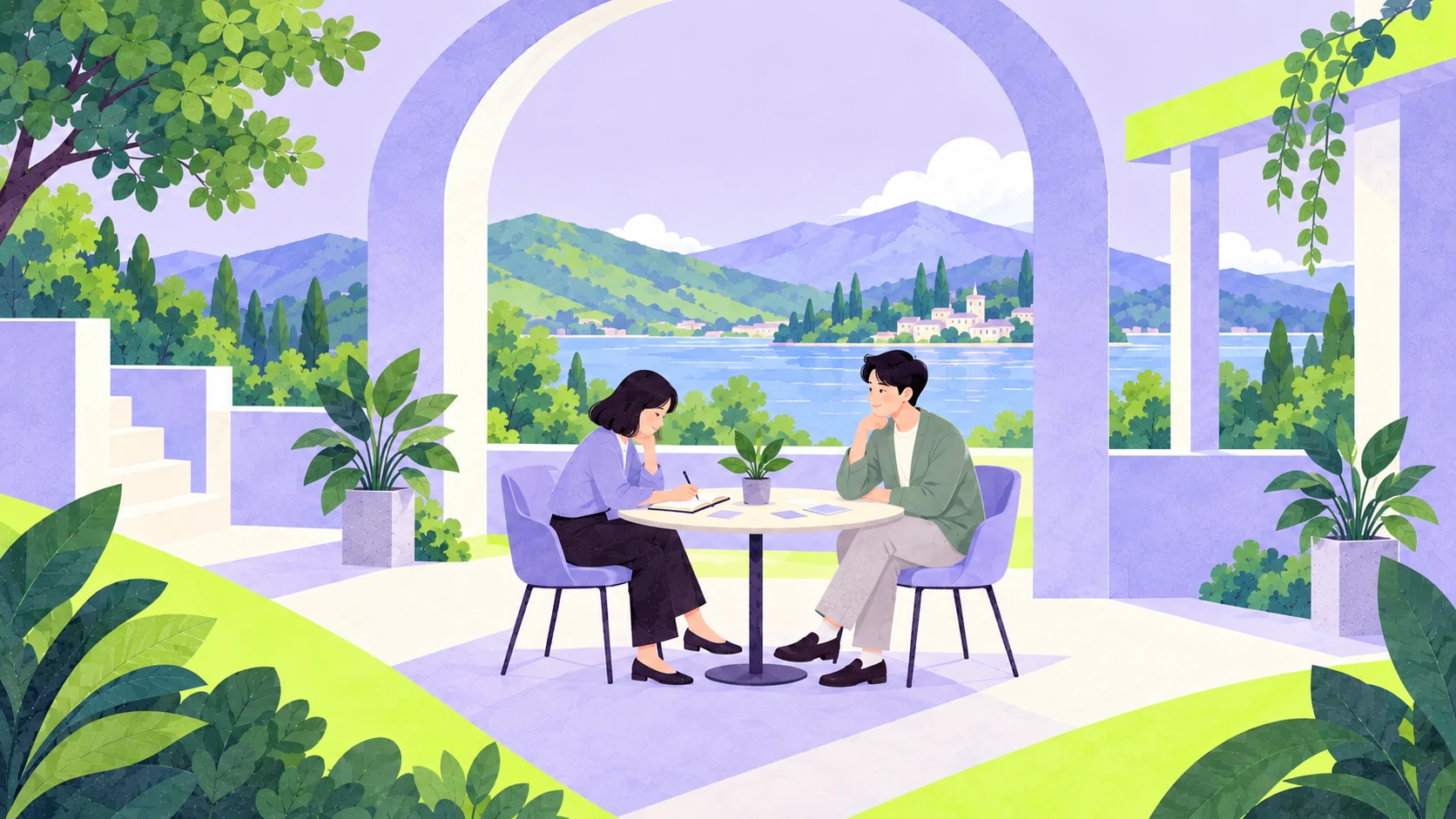 対話しながらノートに自分の大切にしたいことを書き留める、体験場面のイメージイラスト